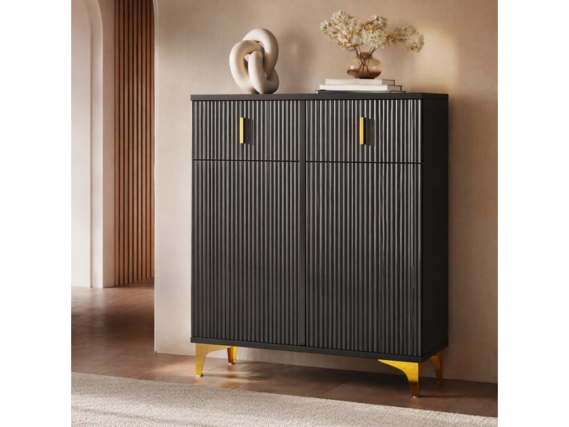 Buffet bas meuble à chaussures noir avec panneaux structurés, 2 portes, 2 tiroirs et étagères réglables - Conforama D