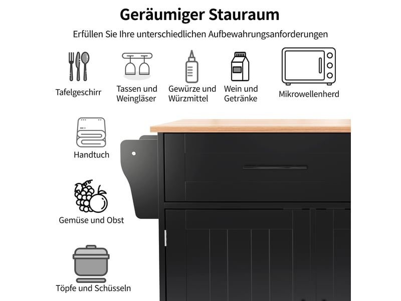  Desserte de cuisine noir et naturel 129 × 4671 × 91,5 cm en mdf, plateau aspect bois rabattable, rangements et roulettes  - Conforama C
