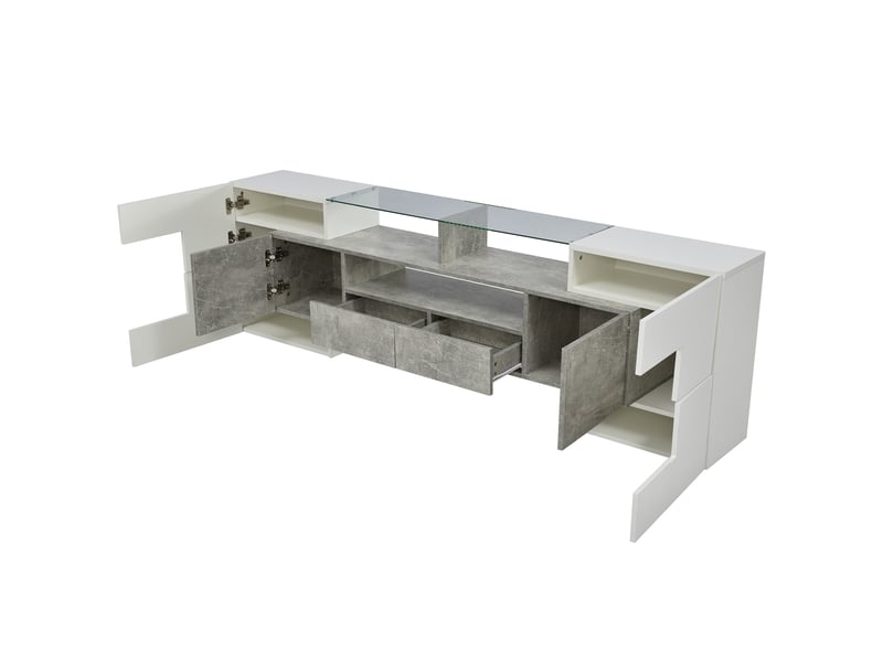  Meuble tv 200 cm blanc brillant et béton avec led multicolore  - Conforama R