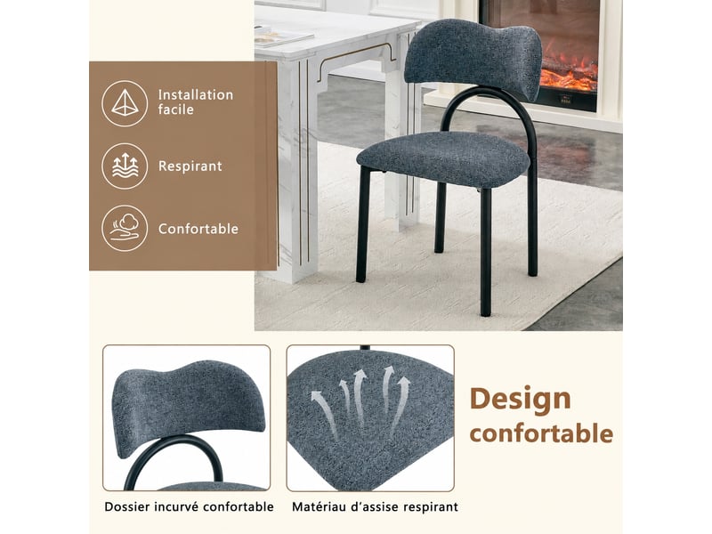  Lot de 2 chaises de salle à manger 50,7 cm avec assise rembourrée, tissu bleu et métal noir  - Conforama E