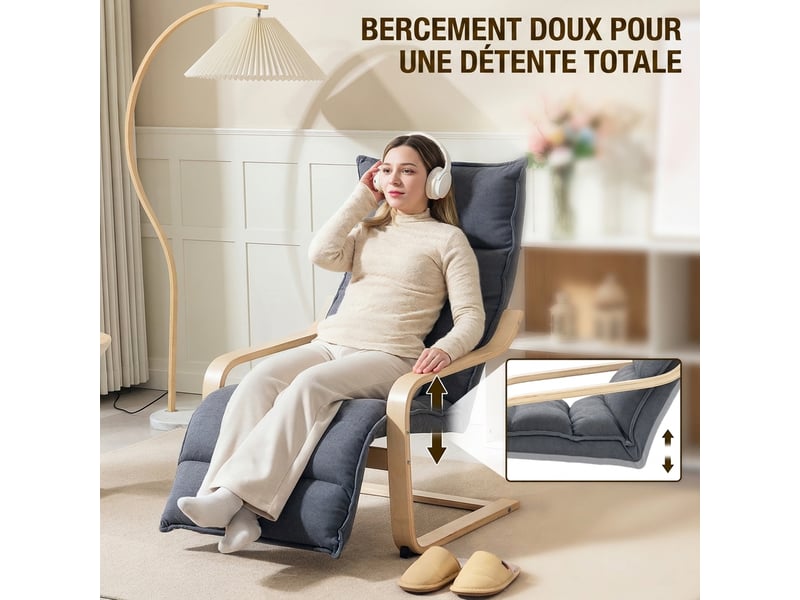  Fauteuil salon, fauteuil d'appoint rembourré en velours, repose-pieds réglable, structure acier, 67x93x105cm, gris foncé  - Conforama R