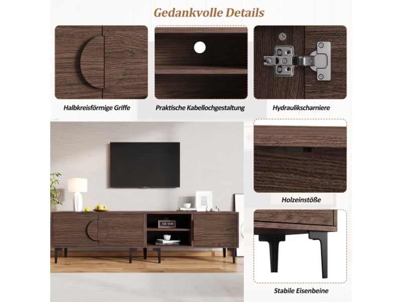  Meuble tv 180 x 35 x 49 cm effet noyer foncé, 3 portes et 2 niches ouvertes, jusqu’à 80 pouces  - Conforama C
