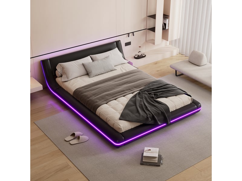 Lit plat au sol 140*200cm, éclairage led d'ambiance, design noir en pu, style moderne, chambre épurée  - Conforama D