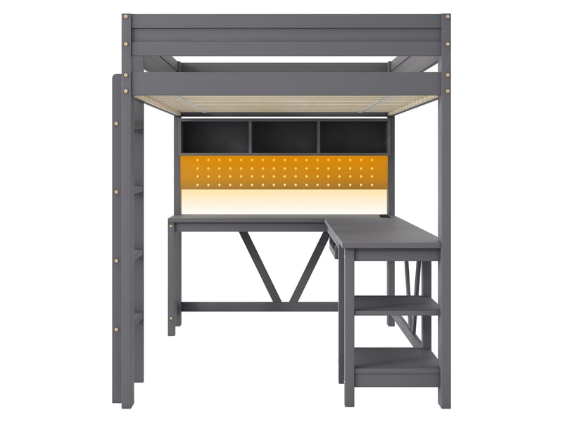  Lit mezzanine gaming 90x200 cm gris, avec bureau, rangements, led 7 couleurs, 2 prises, 2 usb, sommier inclus, sans matelas  - Conforama D