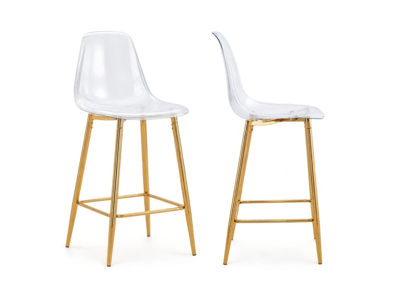  Tabouret de bar lot de 2 avec dossier et repose-pieds, en plastique transparent et métal doré, 51 × 45 × 102 cm  - Conforama A
