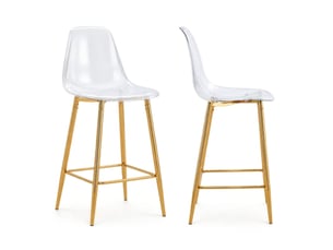 Tabouret de bar lot de 2 avec dossier et repose-pieds, en plastique transparent et métal doré, 51 × 45 × 102 cm