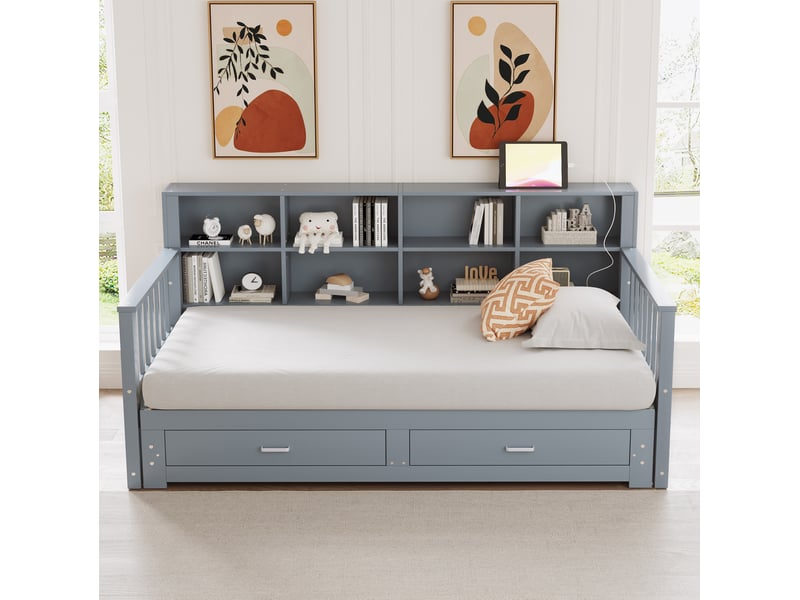 Lit banquette extensible 90x190 cm – gris – 2 tiroirs, rangements dosseret et prise intégrée - sans matelas - Conforama E