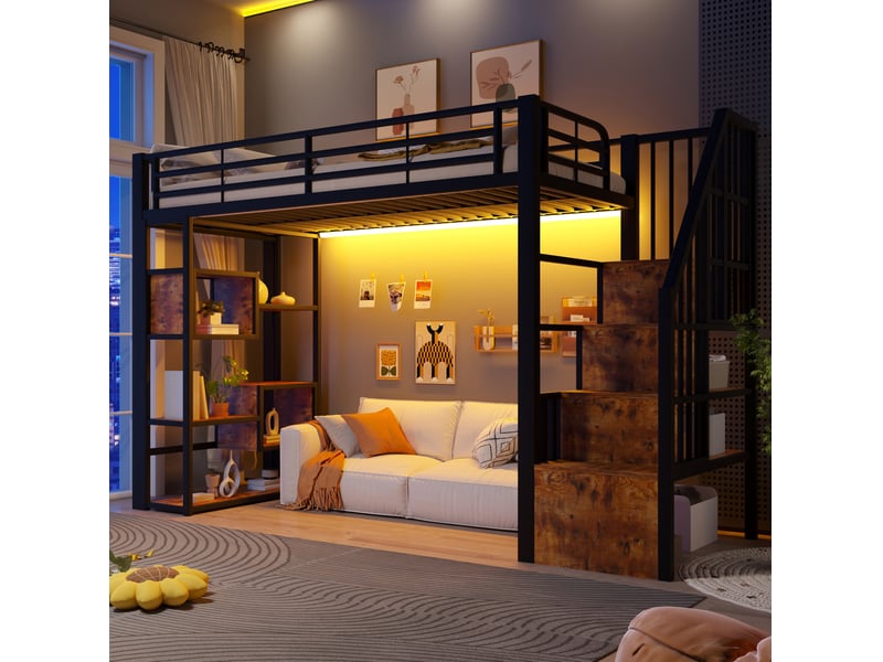 Lit mezzanine enfant 90x200 cm avec rangements et led, noir  - Conforama D