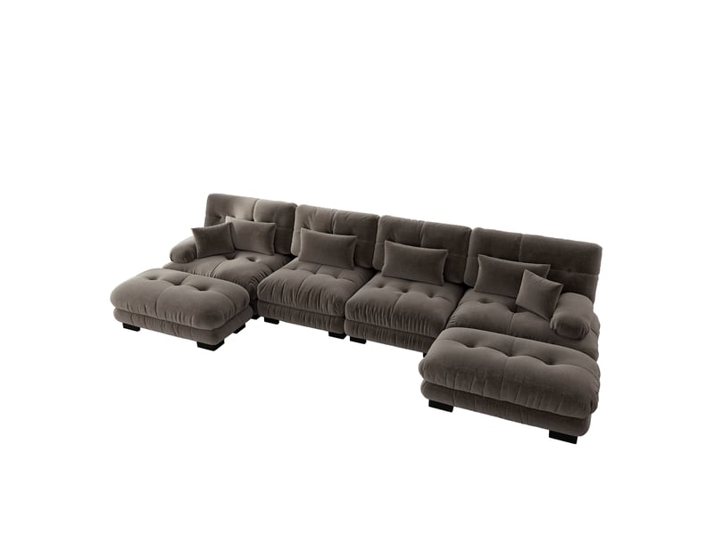  Canapé d'angle modulable avec ottoman mobile et coussins lombaires, en chenille, marron  - Conforama A