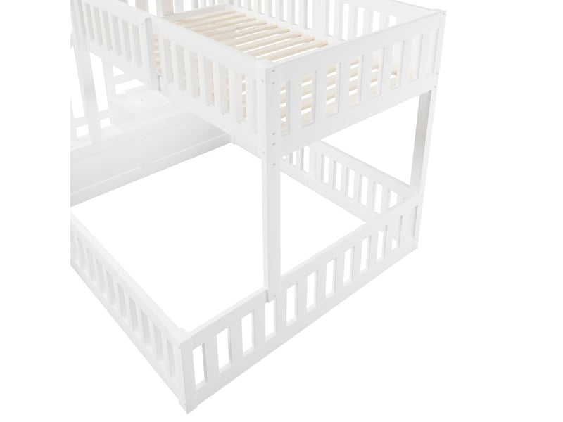  Lit superposé bas enfant 90 x 200 cm et 140 x 200 cm, échelle 3 marches avec rangement, barrières de sécurité intégrales, sommiers à lattes, sans matelas, bois massif, blanc ABC - Conforama D