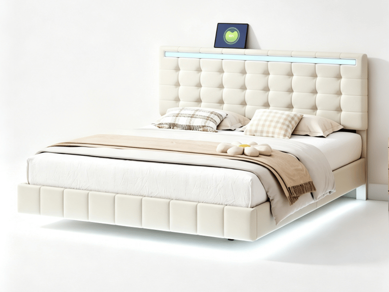  Lit 2 places 160x200 cm effet flottant avec led – tissu beige, pieds invisibles et sommier à lattes  - Conforama A