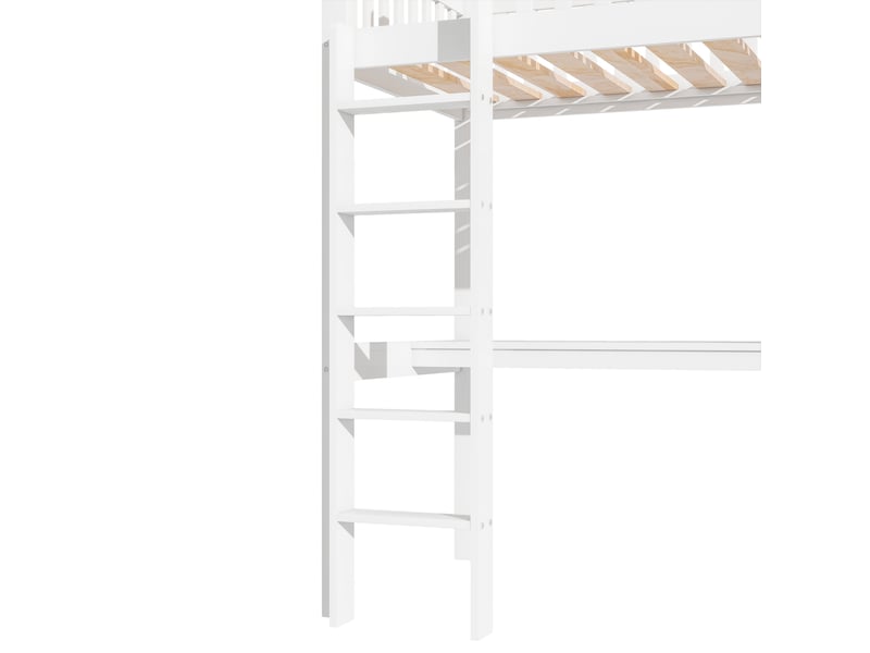  Lit mezzanine 90x200 cm avec bureau, armoire, 3 tiroirs et 3 niches, pin et mdf, blanc, sans matelas  - Conforama D