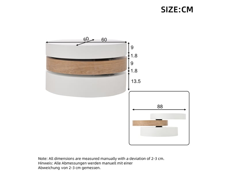  Table basse ronde pivotante 360° avec rangement, table de salon cylindrique avec plateau rotatif, design moderne mdf blanc et aspect bois naturel  - Conforama E