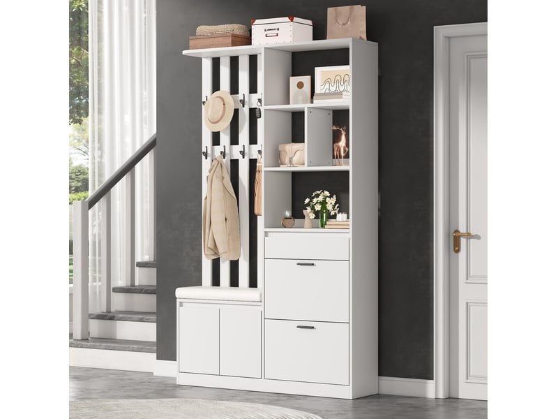  Meuble d'entrée avec banc rembourré, 2 portes, 2 abattants à chaussures, tiroir et 10 patères, 120 × 30 × 200 cm  - Conforama B