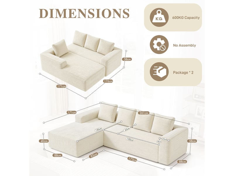  Canapé d'angle modulable 261 cm avec méridienne-assise profonde style cloud-en velours côtelé-beige  - Conforama C