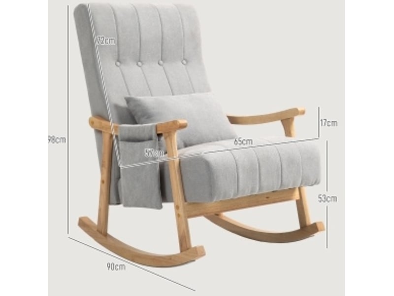 Fauteuil à bascule avec coussin lombaire et poches latérales, structure en bois, polyester gris, 65 × 90 × 98 cm - Conforama C