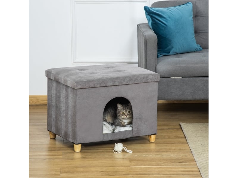 Maison pour félin et repose-pieds 60 x 45 x 44,5 cm – gris – coussin moelleux amovible avec pieds en bois - Conforama B
