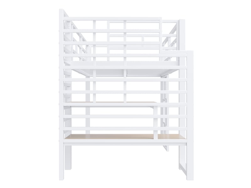 Lit mi-hauteur 90 × 200 cm, escalier à étagères ouvertes, panneaux à fenêtres, éclairage led, métal et mdf, blanc - Conforama E