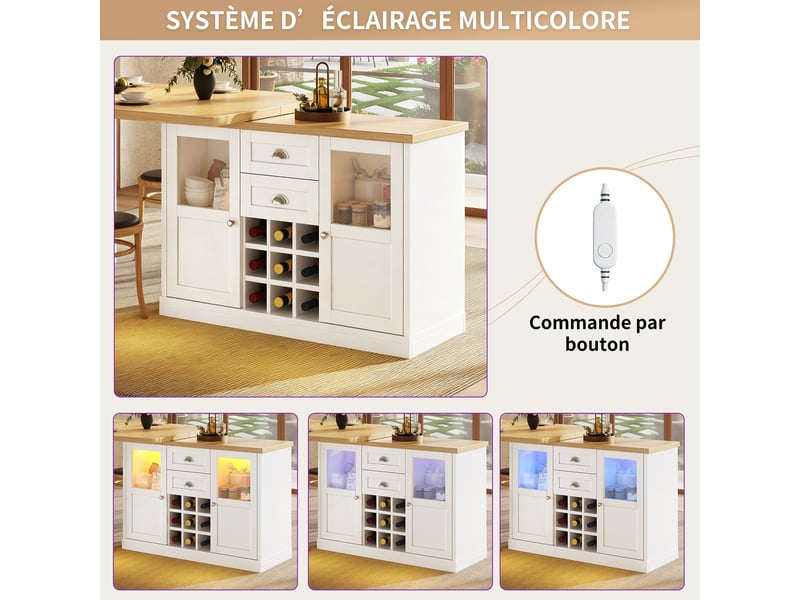 Îlot de cuisine extensible 120-197 x 40 x 72 cm, plateau pivotant à 360°, led 3 couleurs, 2 tiroirs, casier 9 bouteilles, blanc - Conforama D