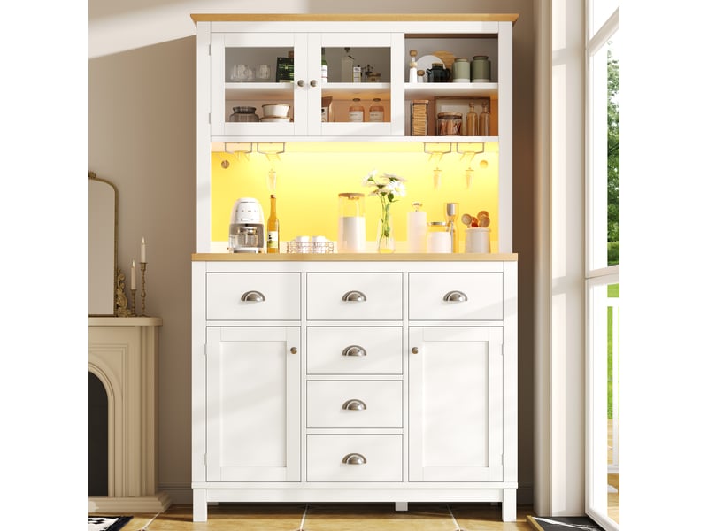 Buffet haut 104x40x180 cm blanc, meuble de rangement style campagne avec 4 portes, led, porte-bouteilles, étagères et grand espace de stockage - Conforama B