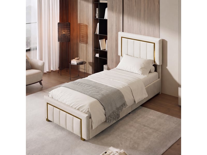  Lit simple capitonné,90 x 200 cm,avec espace de rangement,cadre en bois,revêtement en velours,beige  - Conforama B