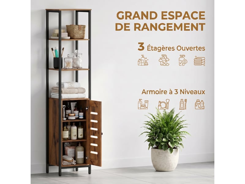  Meuble colonne de salle de bain industriel 3 étagères ouvertes porte à lamelles réglables étagères marron rustique  - Conforama A