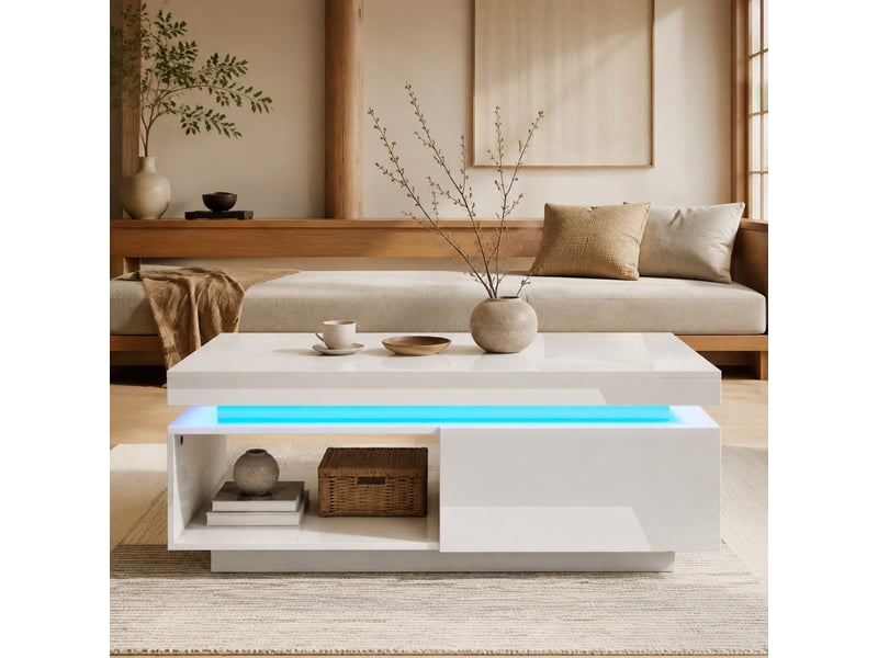  Table basse rectangulaire avec 1 tiroir et led, finition brillante, pour salon, panneau de particules, blanc, 100 x 50 x 40,3 cm  - Conforama B