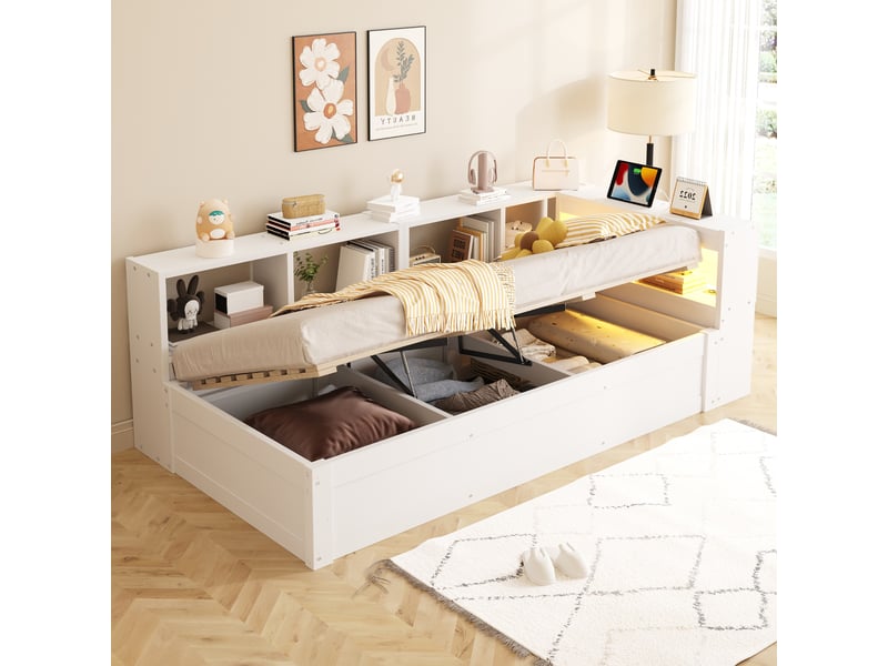  Canapé-lit 90x200 cm, lit enfant, couchage d'appoint, rangement hydraulique, led, bois blanc, prise intégrée  - Conforama C