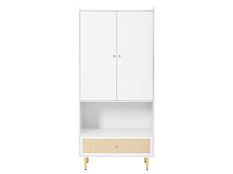  Armoire chambre 80x48x175 cm - 2 portes, penderie, tiroir en rotin pe, étagère ouverte, blanc  - Conforama R