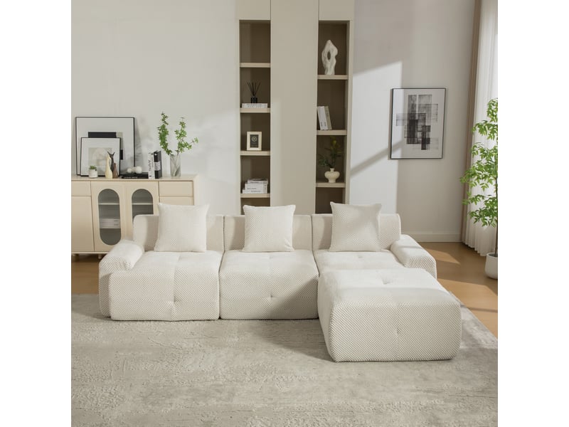 Canapé d'angle modulable 3 places en chenille beige, 266 x 176 x 75 cm, méridienne gauche, sans montage, livré compressé, coussins inclus, mousse 30d CARDUME ESTIVAL - Conforama B