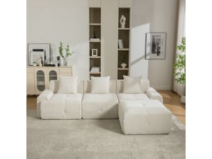 Canapé d'angle modulable 3 places en chenille beige, 266 x 176 x 75 cm, méridienne gauche, sans montage, livré compressé, coussins inclus, mousse 30d