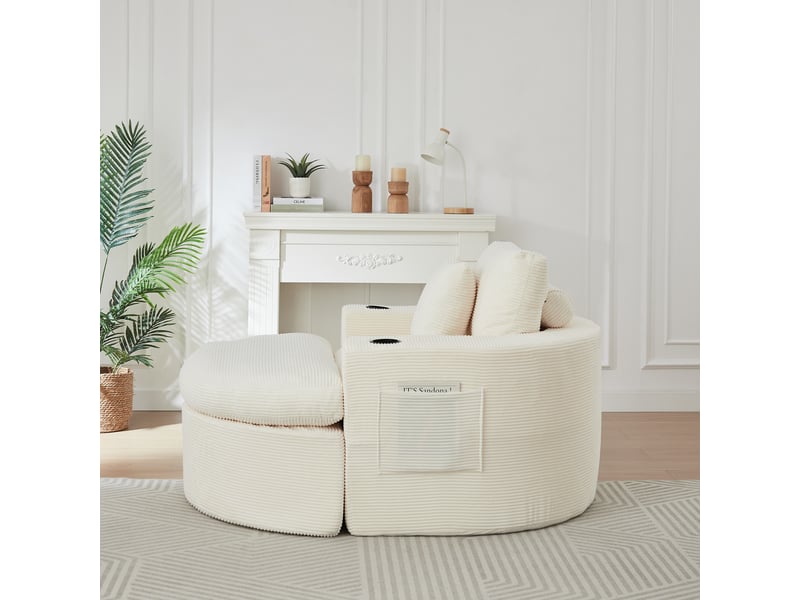 Canapé en velours côtelé rond avec pouf, fauteuil relax 1 place avec rangement et porte-gobelet, design lounge moderne - beige - Conforama D