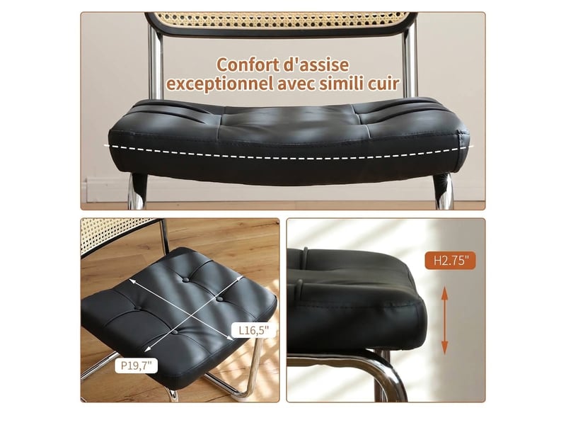 Lot de 4 chaises de salle à manger, chaises luge avec pieds chromés et dossier en rotin, style moderne - Conforama W