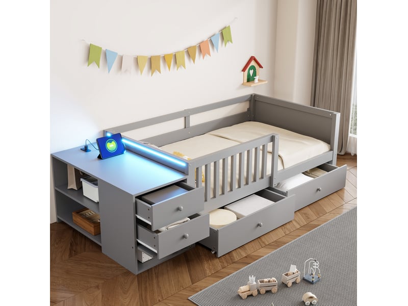  Lit enfant 90 × 200 cm avec 2 tiroirs, rangement séparé, prise, éclairage led et bureau pour chambre d'enfant  - Conforama B