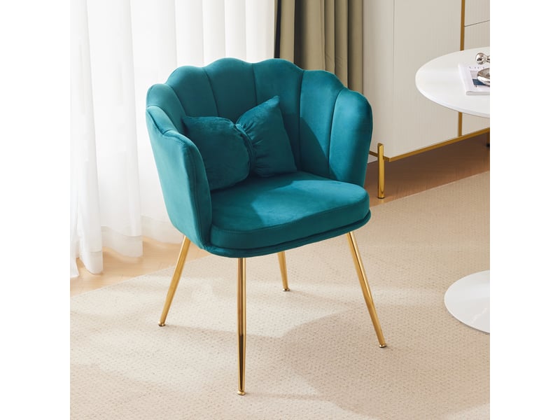  Fauteuil 58x63x77 cm, dossier à pétales, pieds en métal doré et coussins papillon, confortable, velours vert  - Conforama B