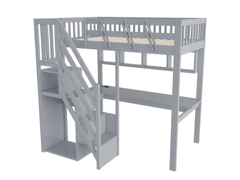 Lit simple 90×200 cm en bois massif avec bureau, led, usb et escalier rangement, gris - Conforama A