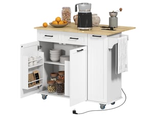 Îlot central cuisine mobile avec prise de courant et port usb, tablette à abattant, étagère réglable blanc
