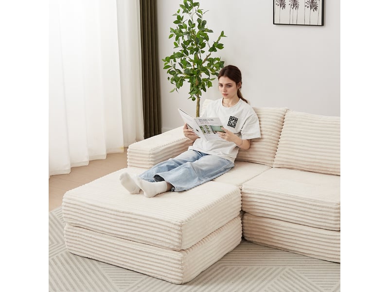  1canapé modulable 2-en-1 en velours côtelé avec pouf amovible – 2 coussins inclus, 74×194×169.5 cm, beige  - Conforama E