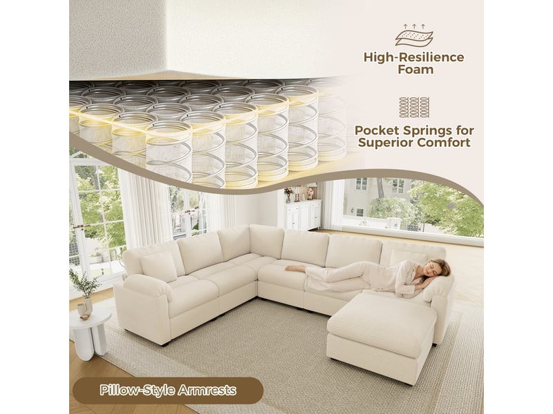 Canapé d'angle modulable 7 places en velours côtelé beige, configurable en u ou en l, avec pouf, 274,5×210,5×85,5 cm - Conforama D