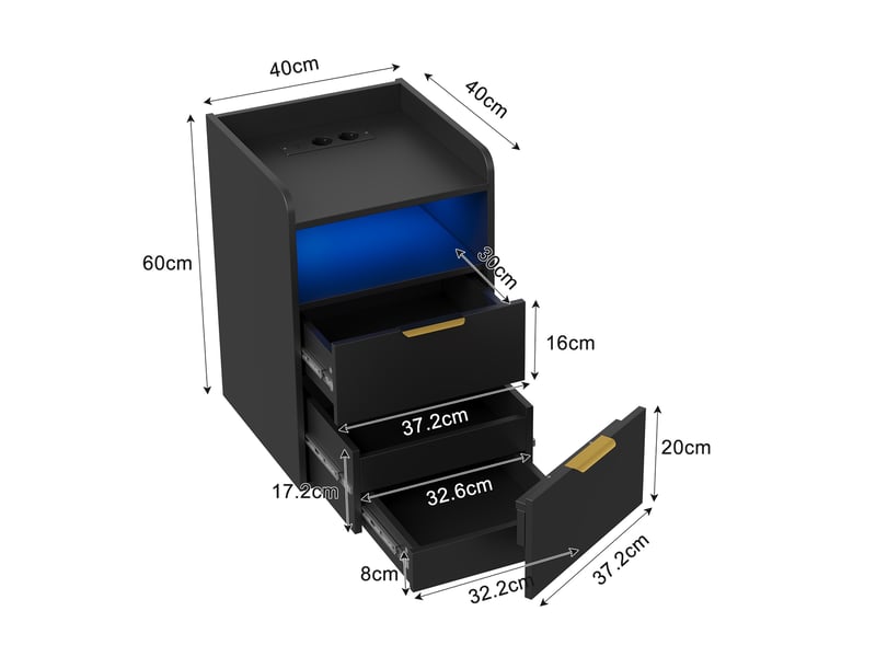  Table de chevet 40x40x60 cm avec station de charge et led, 3 tiroirs de rangement, meuble de chambre en bois, style moderne, noir  - Conforama E