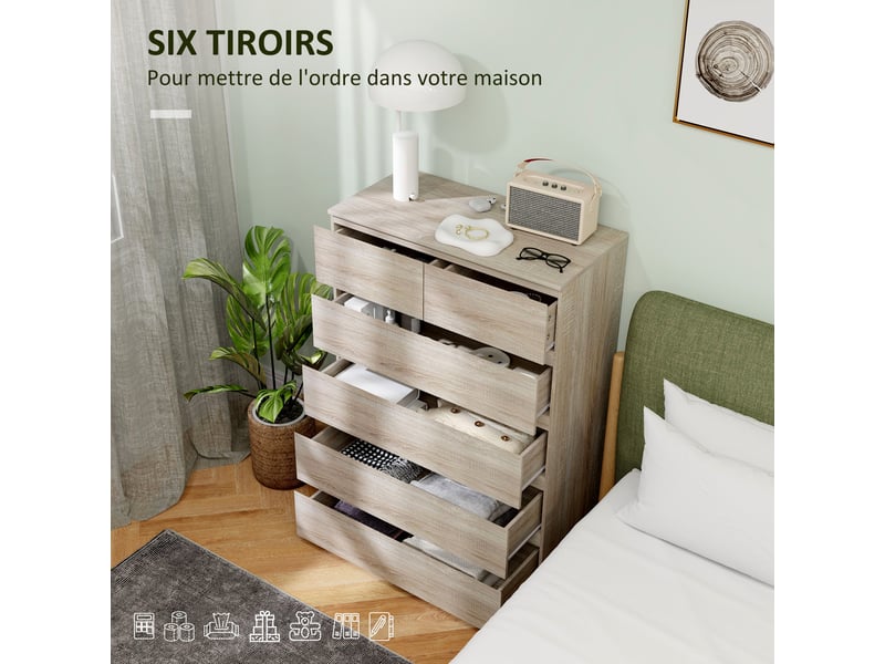 Commode 6 tiroirs meuble de rangement sans poignées design minimaliste 80 x 39 x 115 cm bois naturel  - Conforama E