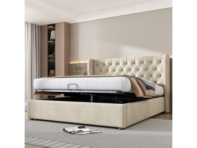  Lit coffre rembourré 140 x 190 cm en velours beige, tête de lit à oreilles capitonnée, sommier à lattes 3068012AAC - Conforama E