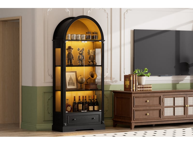  Vitrine tcqpz 80 x 35 x 180 cm avec portes en verre led et tiroirs mdf noir  - Conforama E