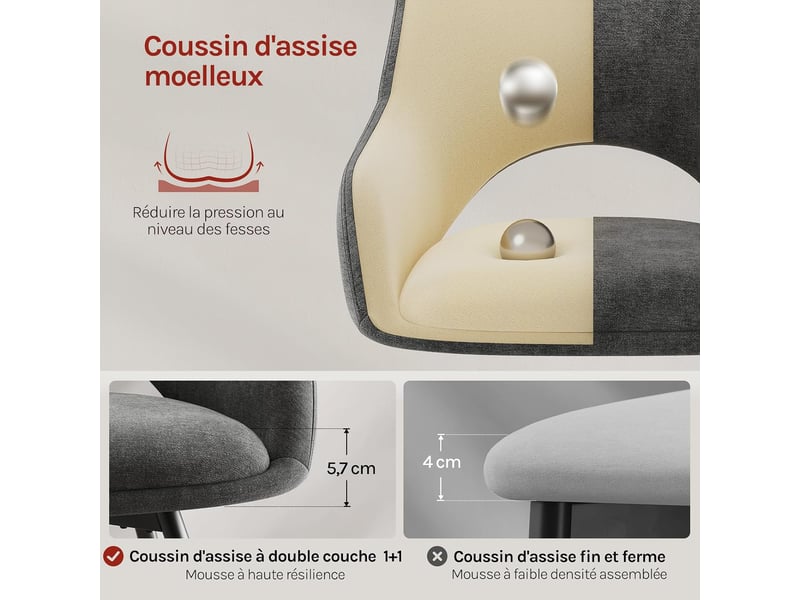  Lot de 6 chaise pivotante salle à manger, fauteuil en chenille, pieds métalliques, dossier creusé, gris foncé  - Conforama E