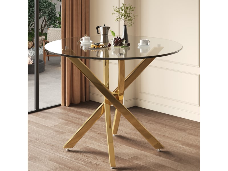  Table de salle à manger ronde avec plateau en verre trempé et pieds croisés dorés pour cuisine, 80 × 80 × 75 cm  - Conforama D