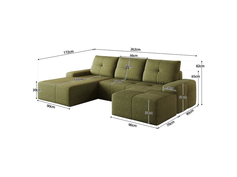  Canapé d'angle 262 cm en l avec méridienne et pouf, assise moelleuse, garnissage en mousse haute élasticité, tissu - vert olive  - Conforama D