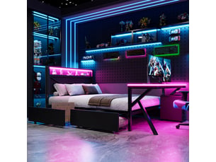 Lit simple gaming en métal 140 x 200 cm avec tête de lit à led, lit adulte noir, lit 1 personne a bureau à led et deux tiroirs