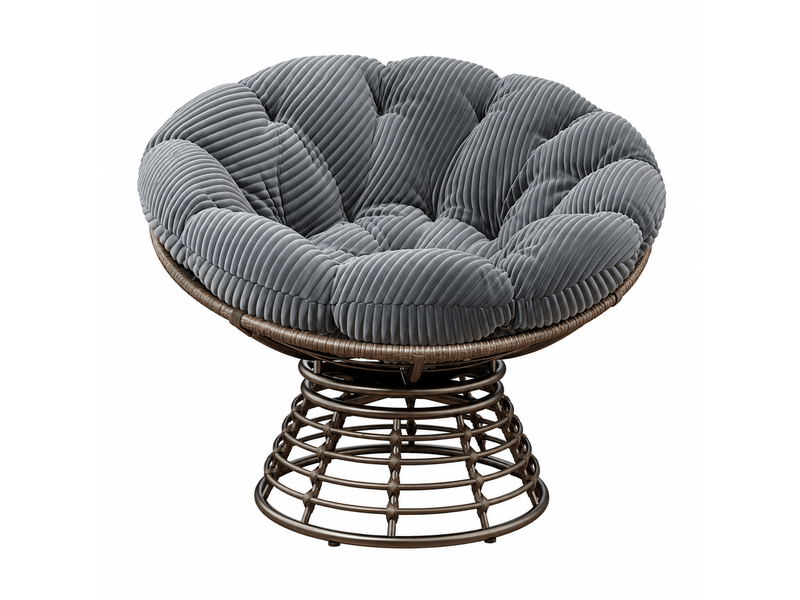  Fauteuil papasan en rotin marron pivotant 360° avec coussin gris côtelé  - Conforama A