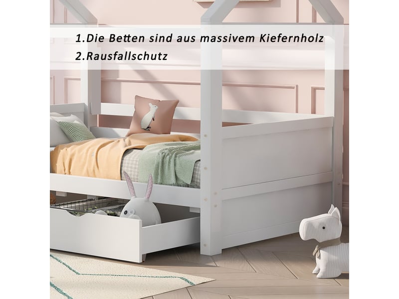  Lit cabane enfant 80x160 bois de pin massif blanc avec barrière et tiroirs pour filles et garçons  - Conforama E