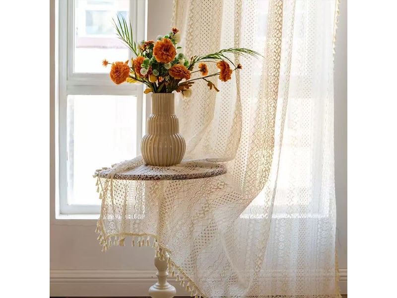  Rideau bohème beige – dentelle crochet – voilage léger – franges tombantes – crème – style fermière – pour salon et chambre – 1 panneau-150 x 220 cm  - Conforama C